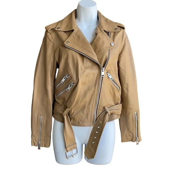 WALTER BAKER Allison Lamb Leather Moto Jacket Sz S Macaroon Full Zip Belted $698